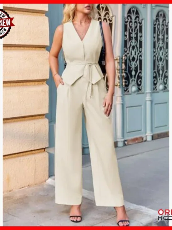 V-Neck Tie-Waist Blazer Vest & Wide Leg Pants Business Casual Set - Picture 5 of 7